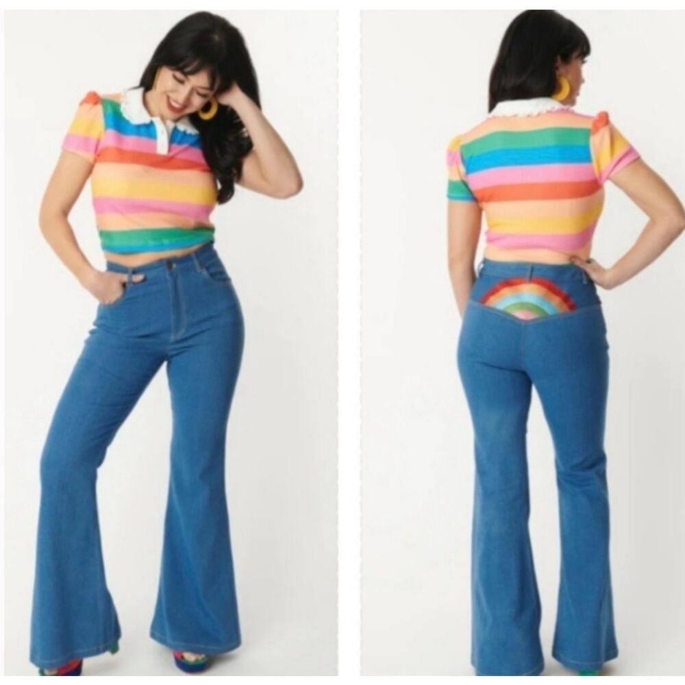 Unique Vintage Rainbow Embroidered Bell Bottom Stretch Jeans 1X 16 NWOT